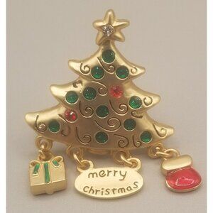 Christmas Tree Brooch Pin Dangling Charms Gold Tone Red Green Present Stocking